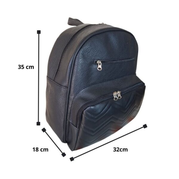 Mochila Negra Ecocuero Chevron Con Bolsillo Frontal Cierre Premium - Imagen 4